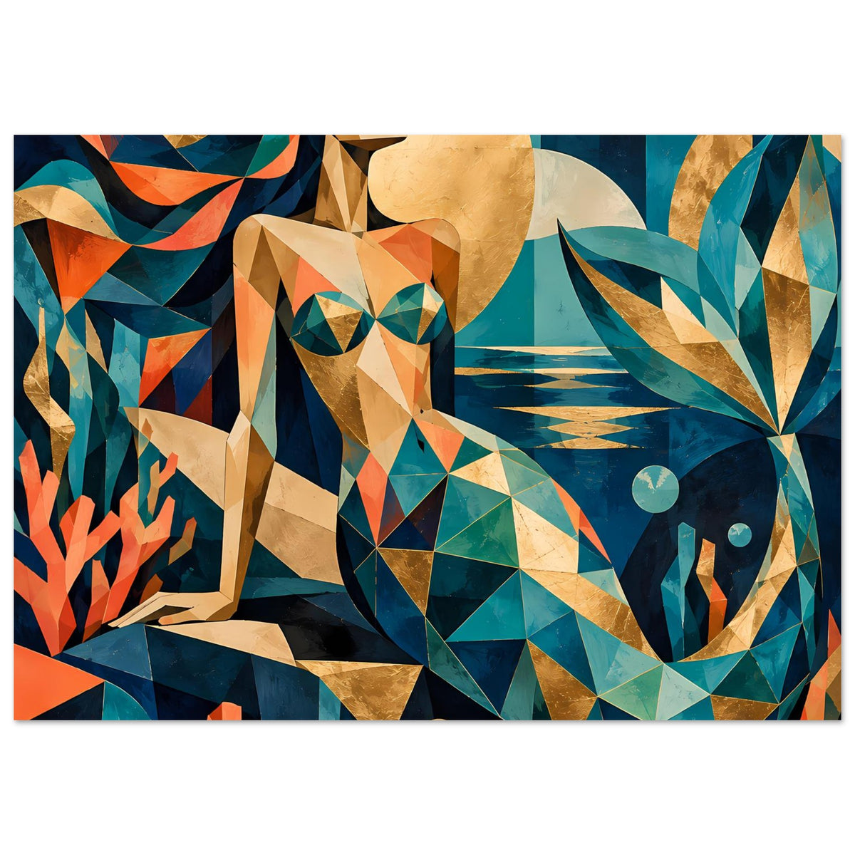Geometrisches Meerjungfrauen-Kunstposter in Türkis und Korall, horizontal