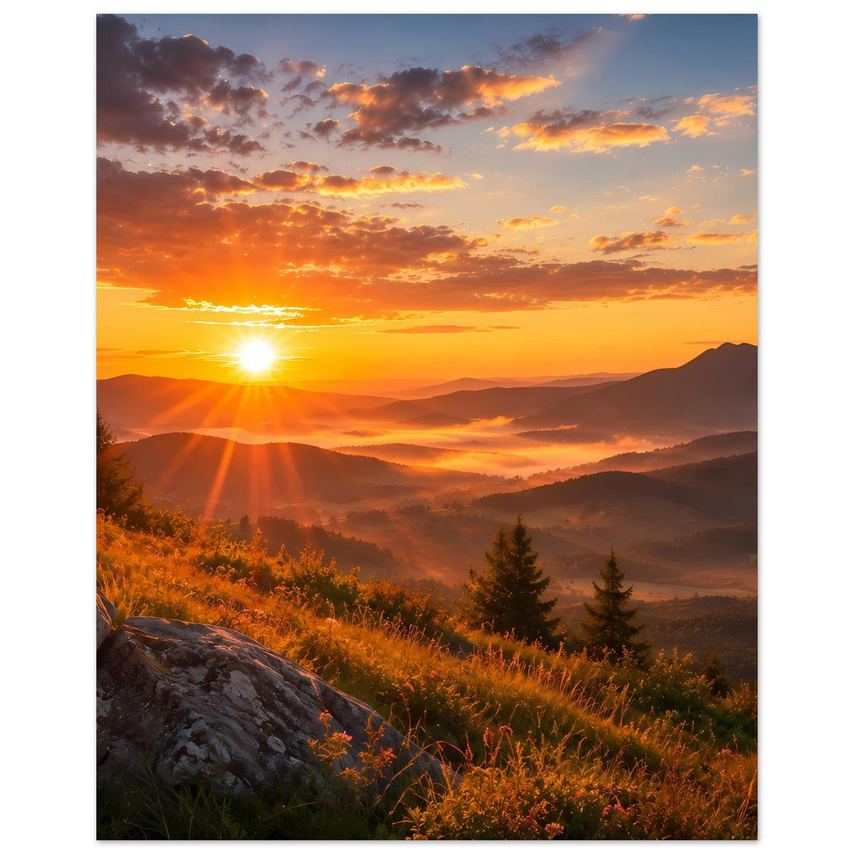 Vertikales Landschaftsposter mit Sonnenaufgang am Horizont, Berge und Wiese, gerahmt