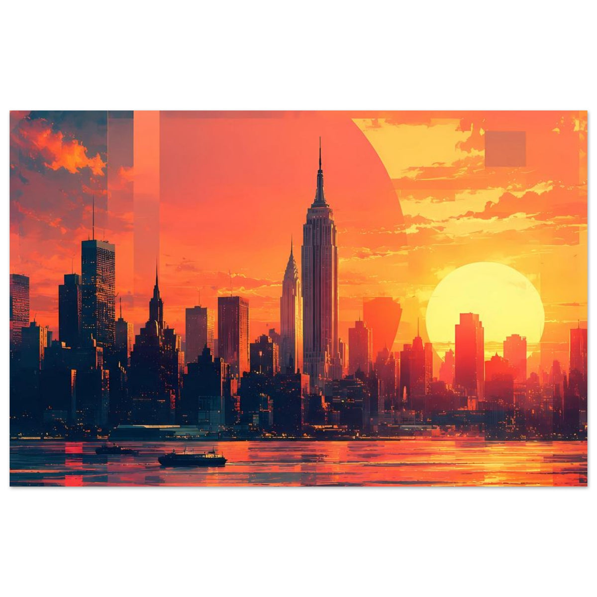 Horizontales Poster mit Skyline im Sonnenuntergang, kräftige Kontraste und Reflexionen auf dem Wasser