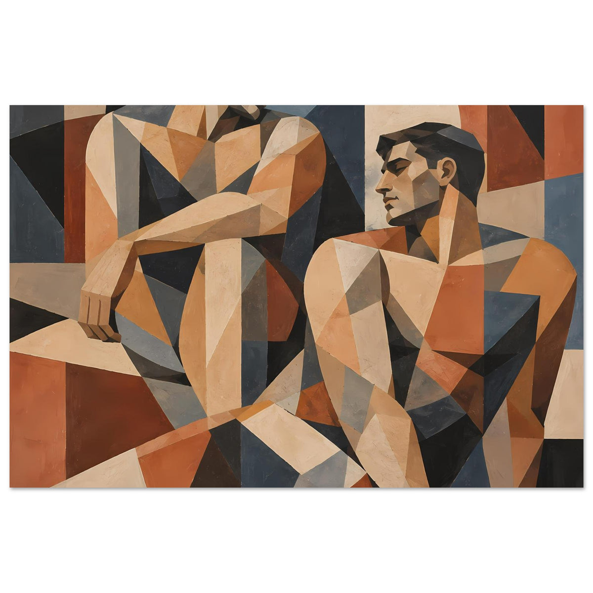 Geometrisches Kunstposter mit zwei Figuren in Erdtönen, Querformat, mittig