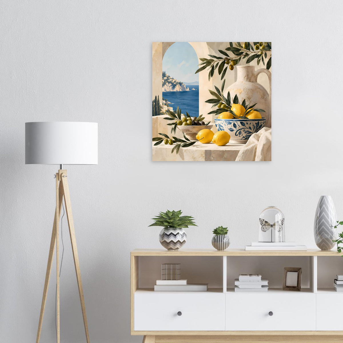 Quadratisches Wandposter mit Zitronen und Oliven, Motiv mit Keramikkanne und Zitrusfrüchten