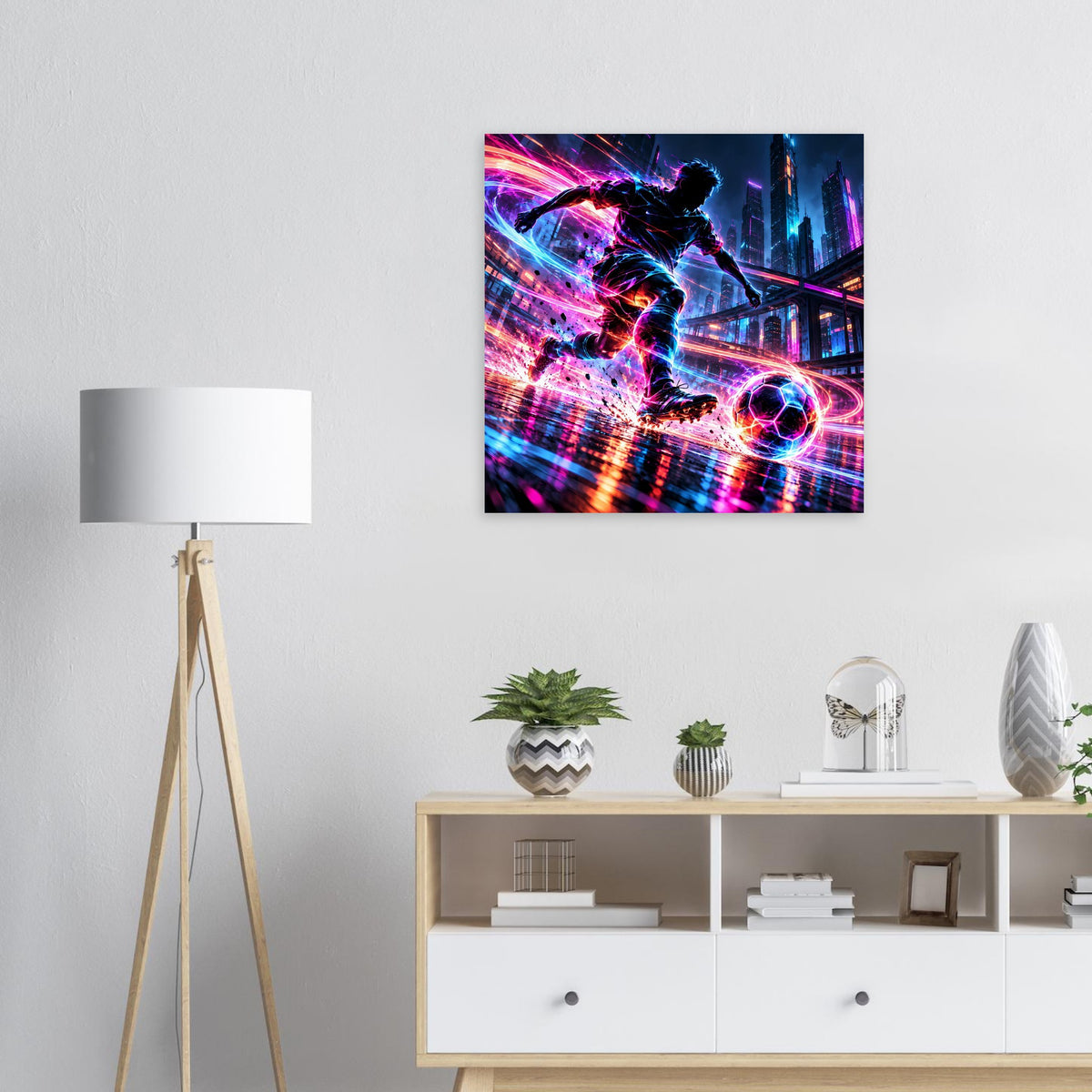 Quadratisches Neon-Soccer-Actionposter mit futuristischem Street-Art-Fußballmotiv