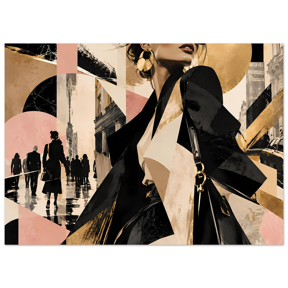 Mode-Poster mit Fashion-Figur und urbaner Silhouette, Schwarz-Gold, Pastellflächen im Querformat