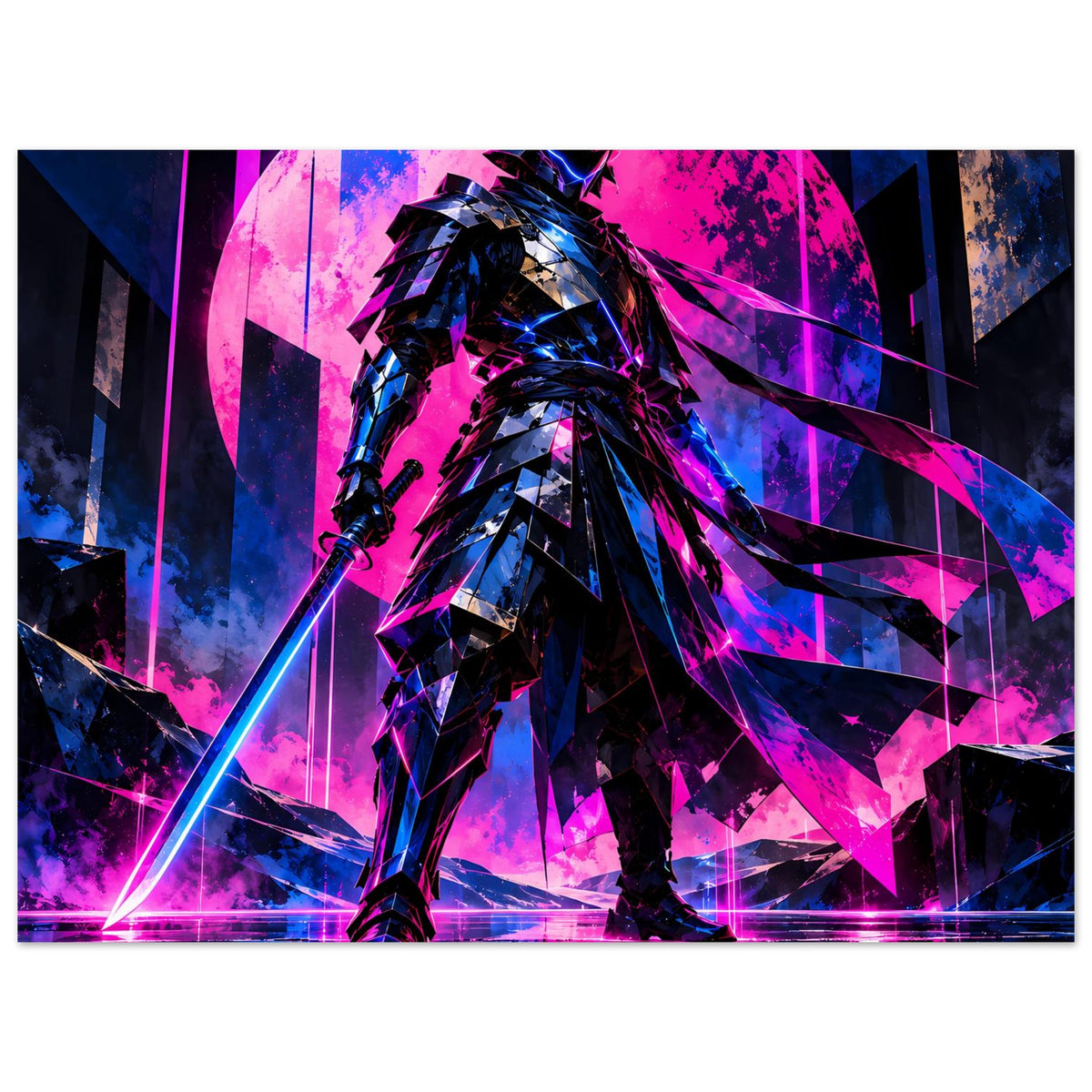 Neon-Samurai Poster: Cyberpunk-Krieger mit Rüstung und Kapuze, Neon-Akzente in Pink und Blau