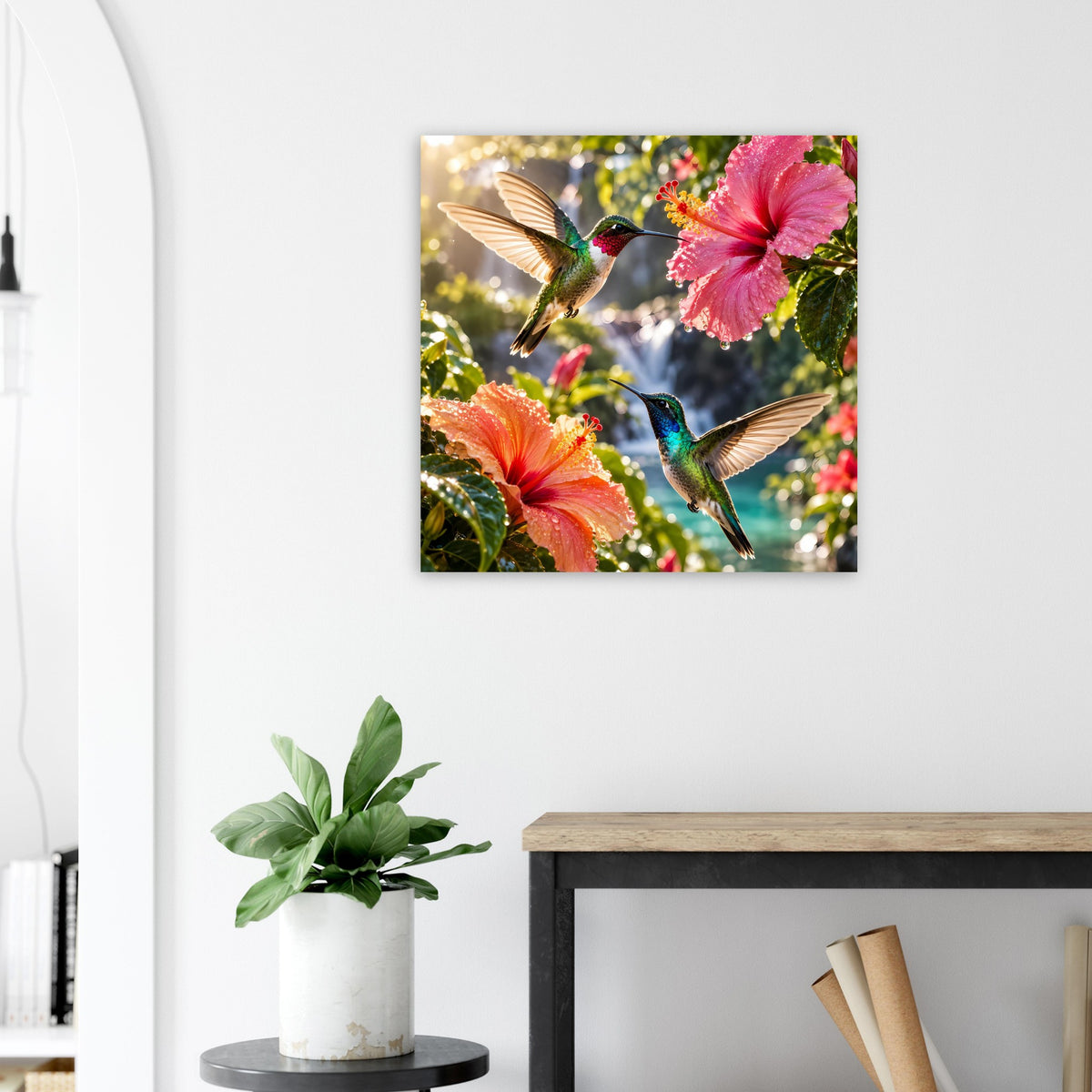 Quadratisches Poster mit Kolibri-Vögeln, die vor Hibiskusblüten fliegen