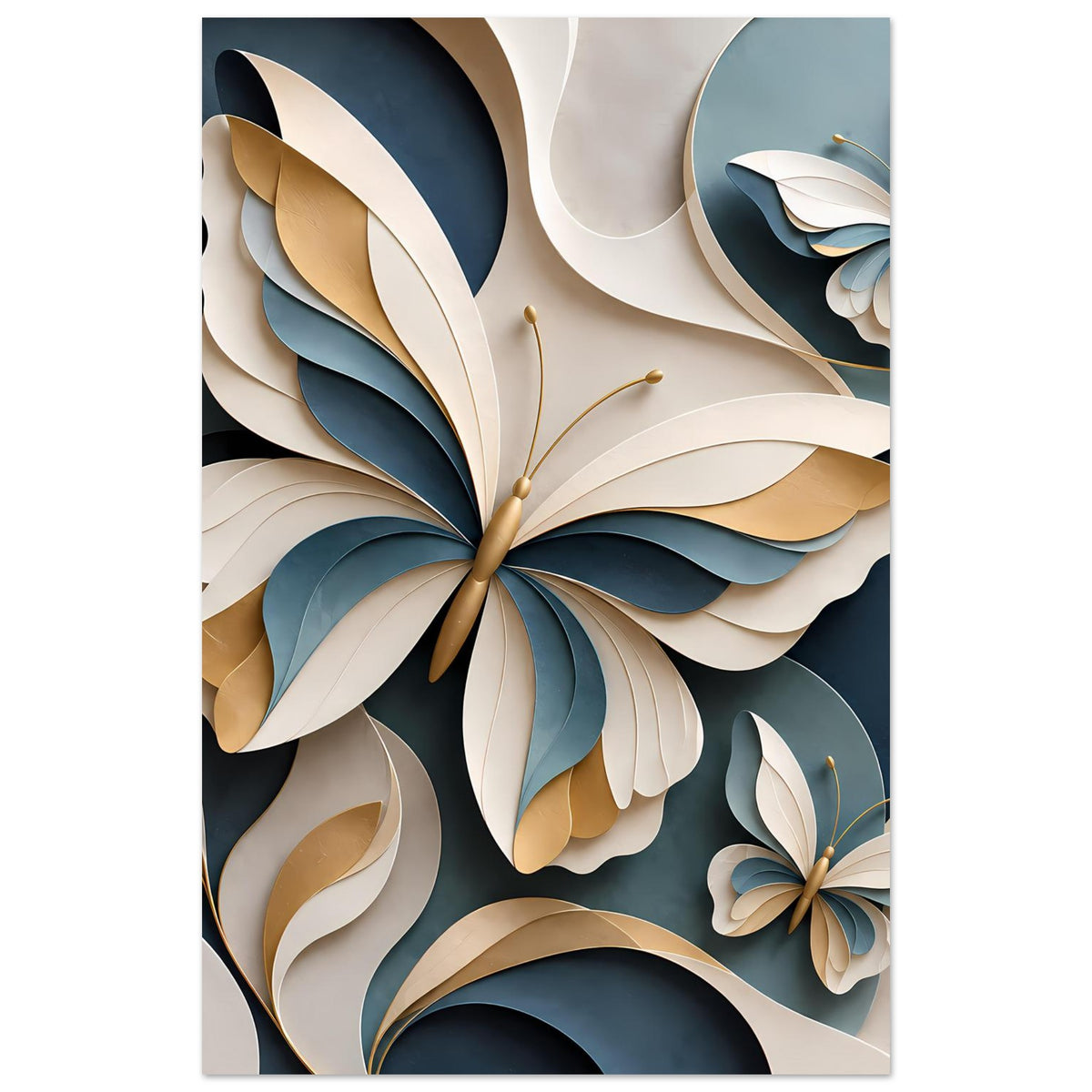 Premium-Poster mit zentralem Schmetterling und weiteren Motiven in Blau-Gold-Creme