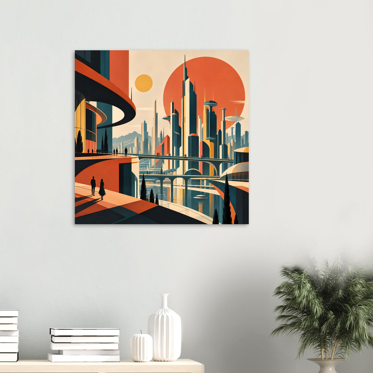 Poster mit retro-futuristischer Stadtansicht im Art-déco-Stil