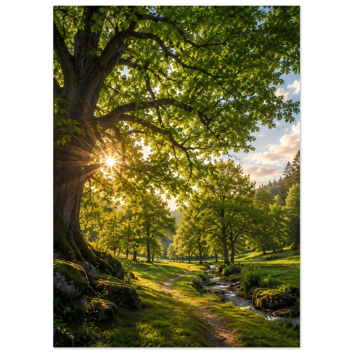 Waldweg-Poster im Hochformat mit großem Stamm, Lichtschein und beleuchtetem Weg