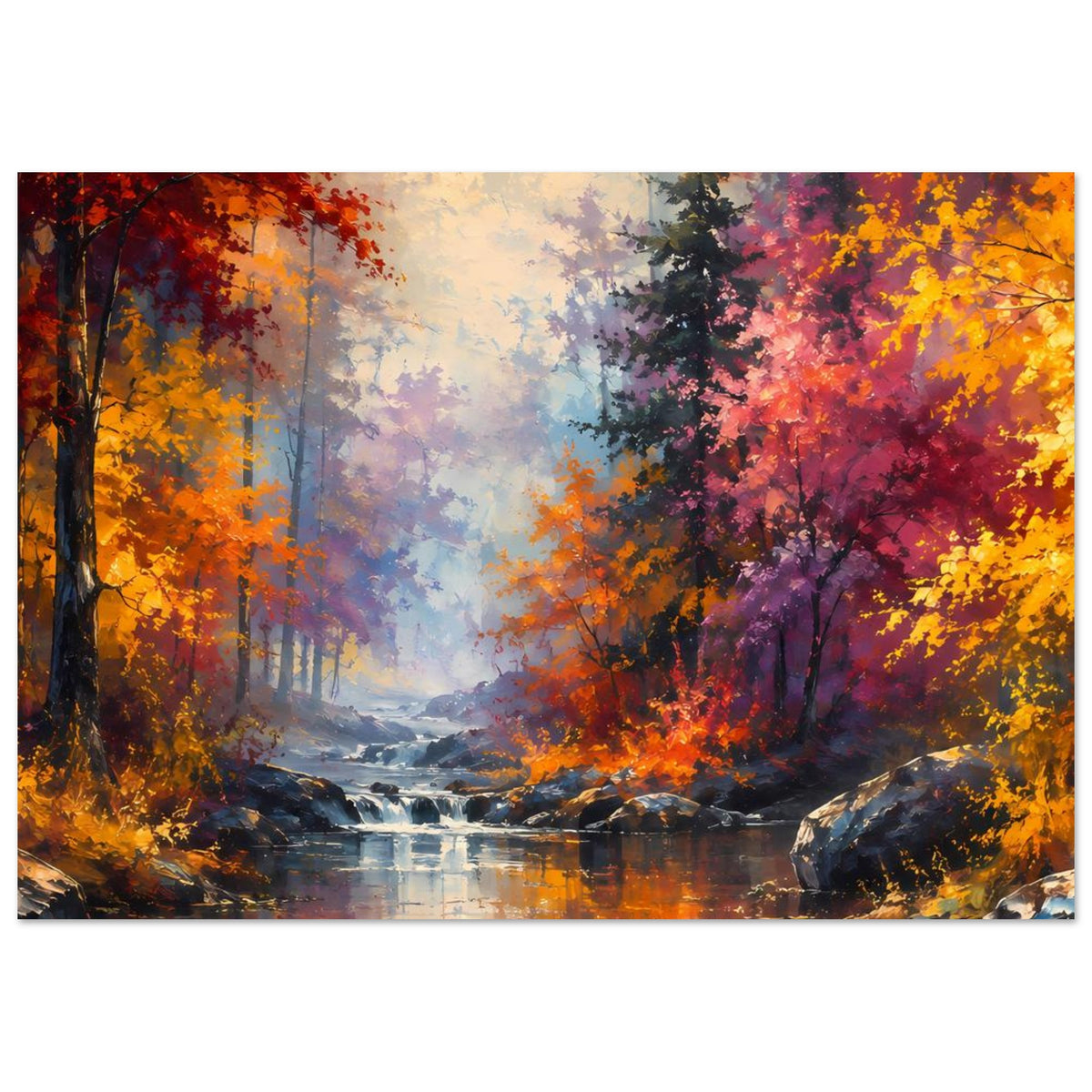 Panorama-Poster mit Herbstwald, Wasserlauf und Felsen, kräftige Rot- und Orangetöne.