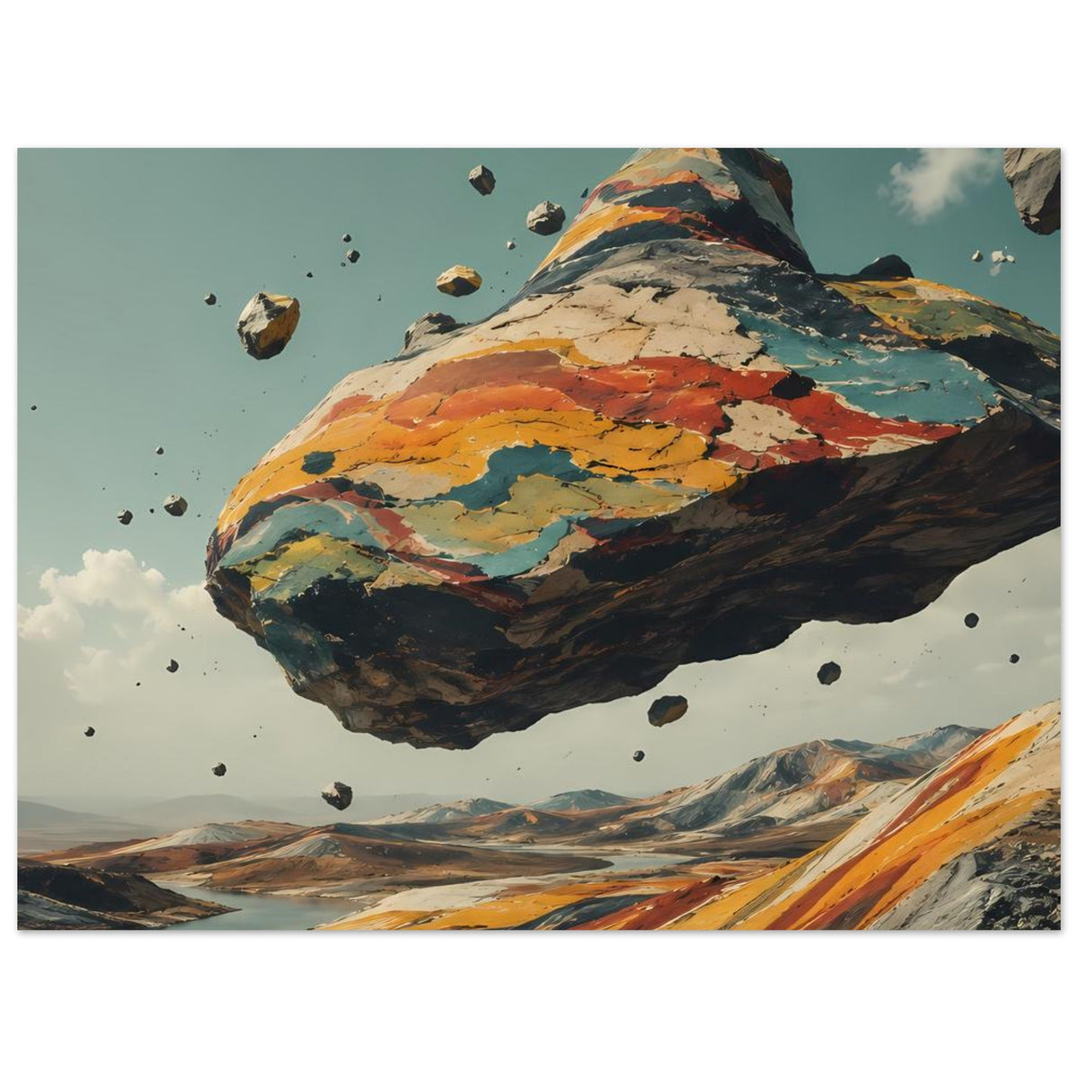 Poster mit schwebendem Felsberg, farbigen Gesteinslagen und vielen Fragmenten, vertikal