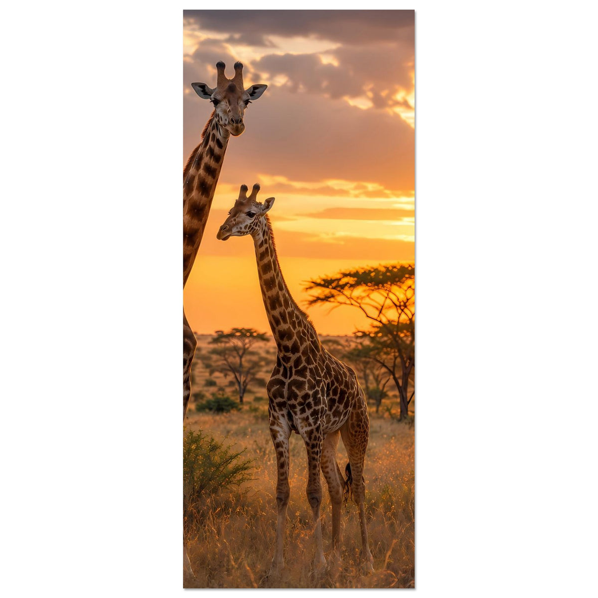 Poster mit drei Giraffen im Sonnenuntergang, hochformatig