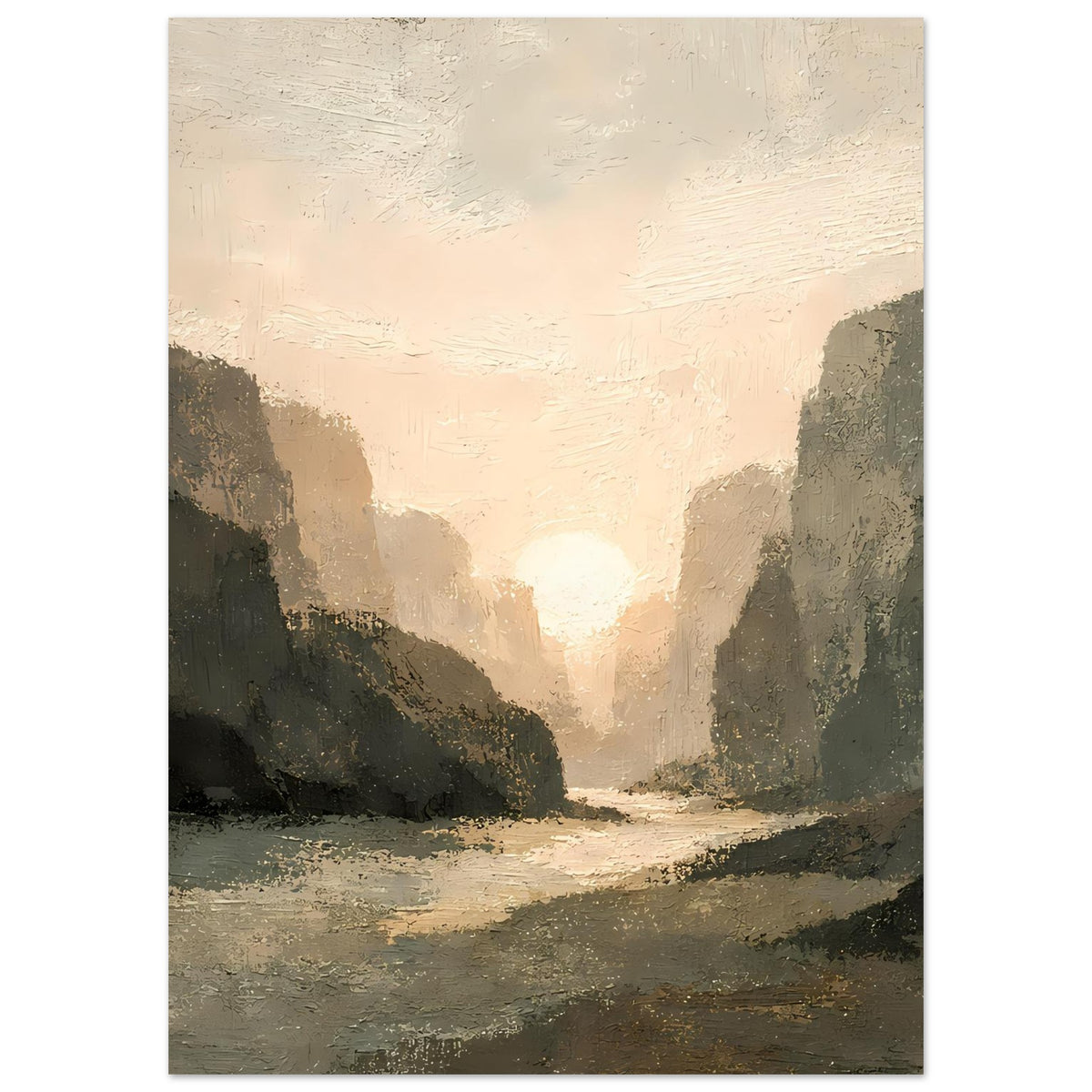 Vertikales Landschaftsposter: Sonnenuntergang über Canyon, dunkle Hänge und warmes Zentrum