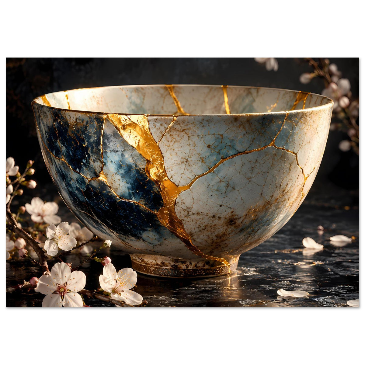 Poster mit Kintsugi-Schale: goldene Reparaturstreifen, blau-weiße Sprünge, Blütenarrangement