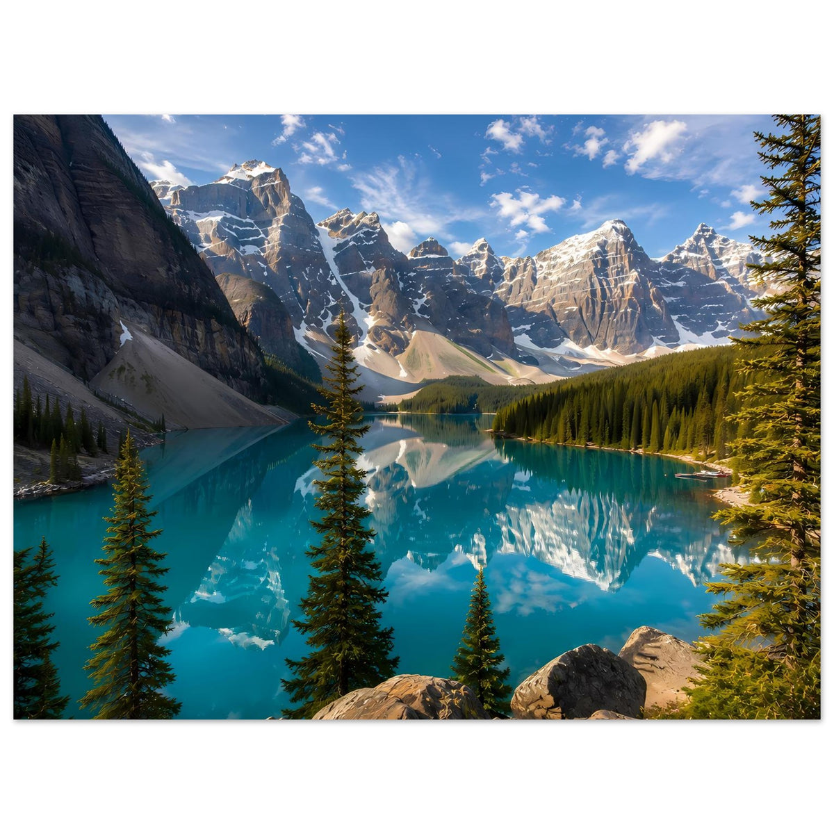 Poster mit Bergsee im Landschaftsformat: türkisblaues Wasser, Fichten, Alpenpanorama