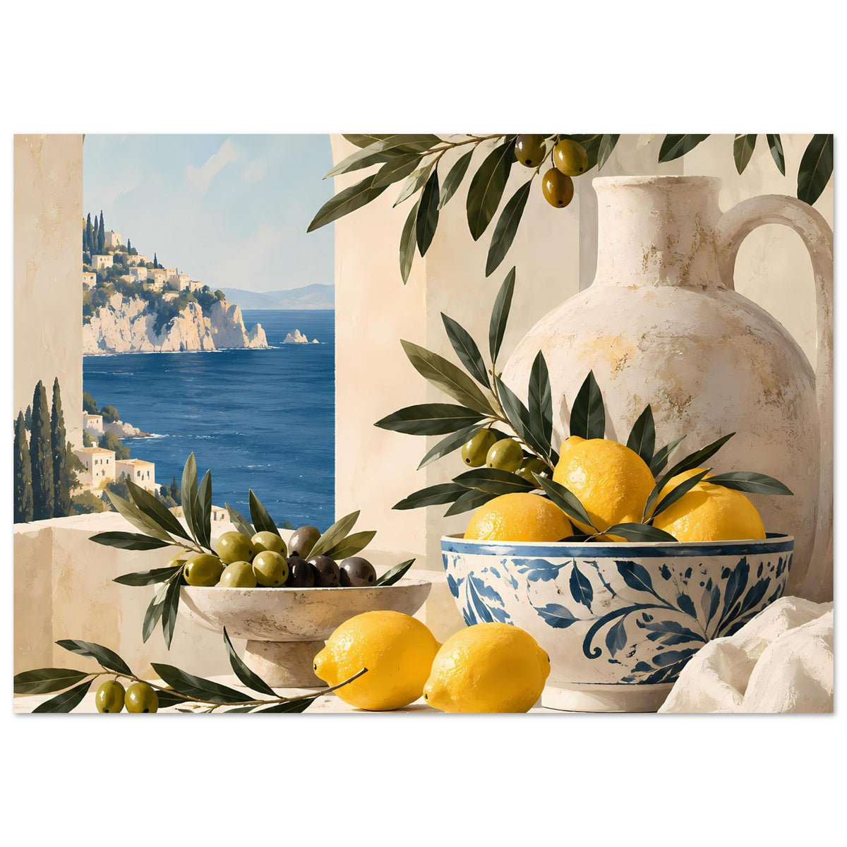Mediterranes Poster mit Zitronen und Oliven, Keramikvase und Schale mit Meeresblick