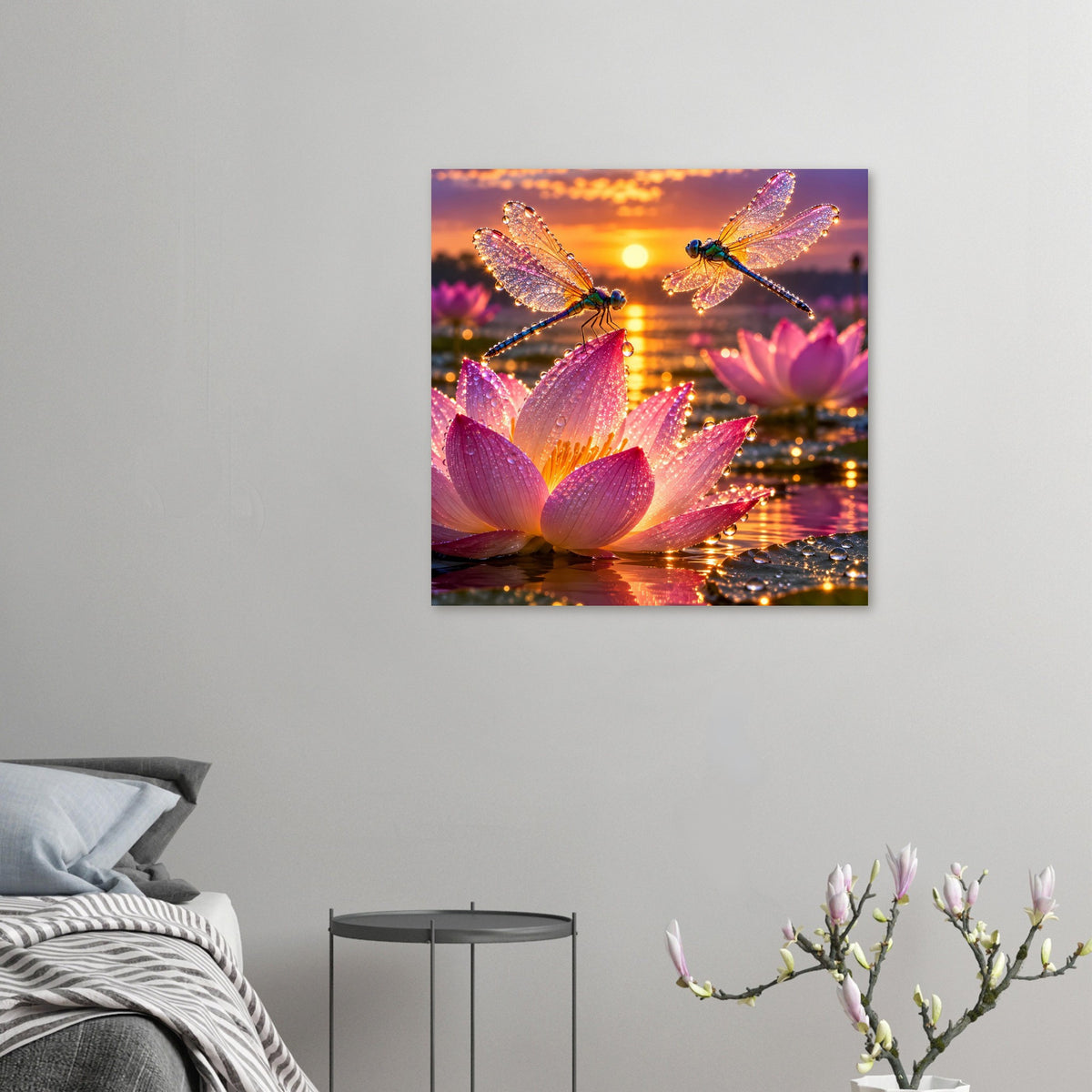 Kleines Poster: Libellen auf rosa Lotusblüten, schimmernde Flügel im Sonnenuntergang