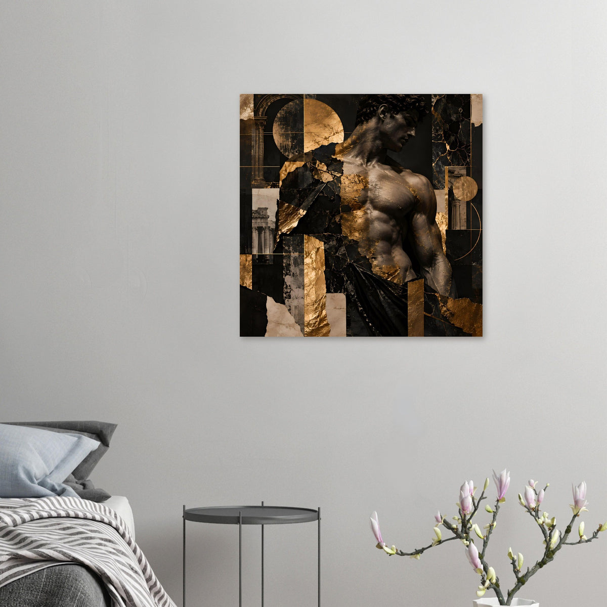 Kunstposter mit bronzefarbener Figur, schwarz-goldenes Mosaikdesign