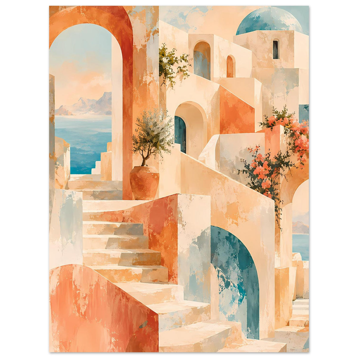 Kunstposter mit Treppe, mediterranen Bögen, Vasenpflanze und orangefarbenen Fassadenflächen