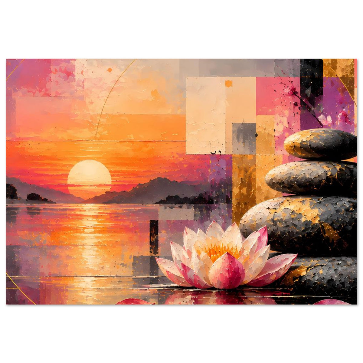 Horizontales Poster mit Sonnenuntergang, Lotusblüte unten, Steinsäule rechts und Kreislinie