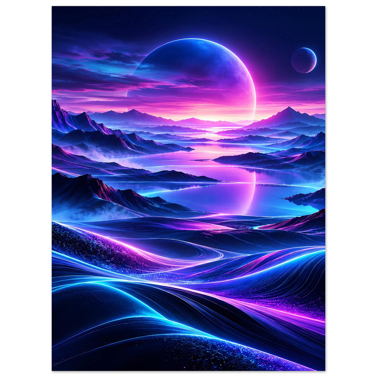 Neon-Weltraumposter im Hochformat mit violettem Himmel, Planetenkugel und kosmischen Lichtspuren