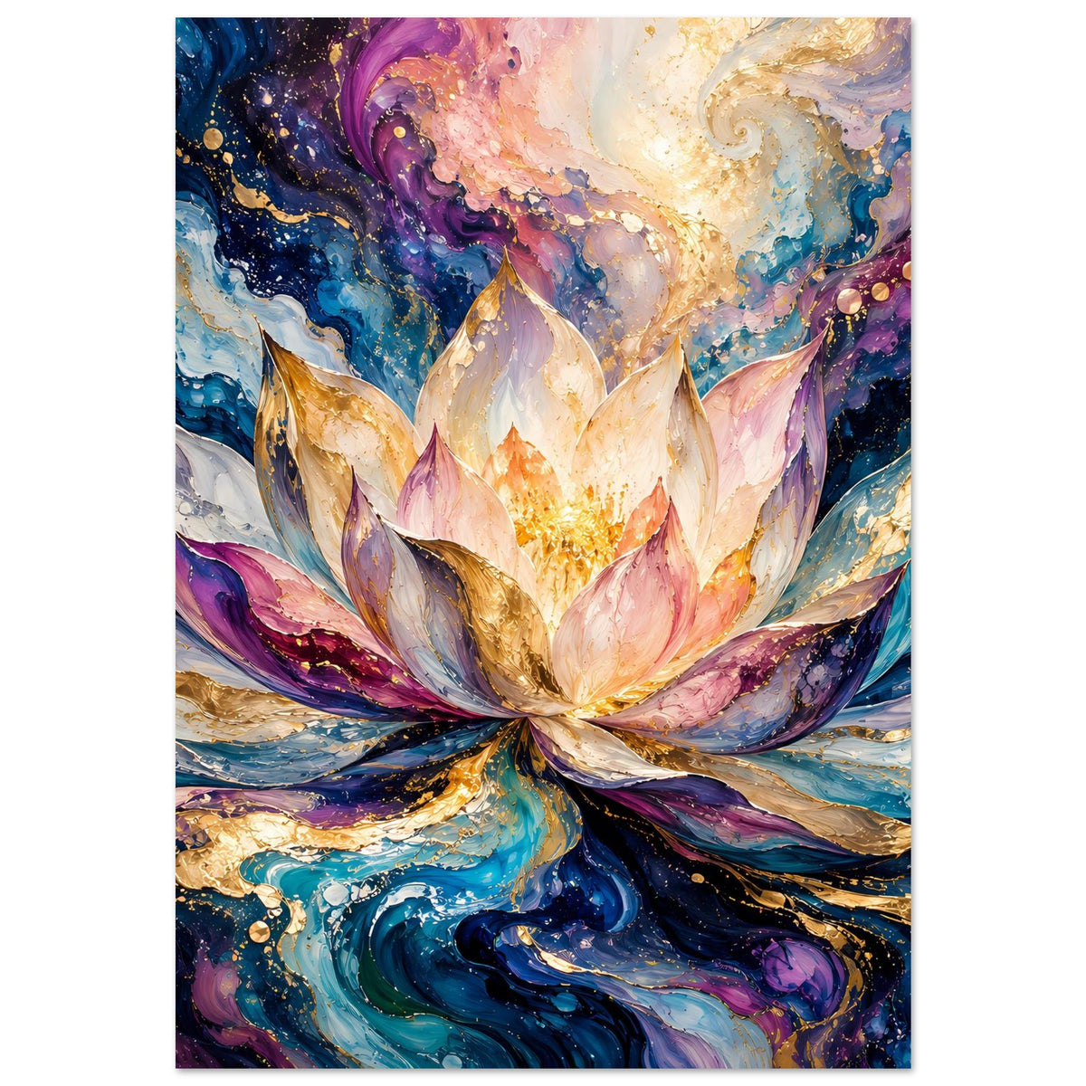 Blumenposter mit leuchtender Lotusblüte, schimmerndem Goldstaub und lila-blauen Wirbeln