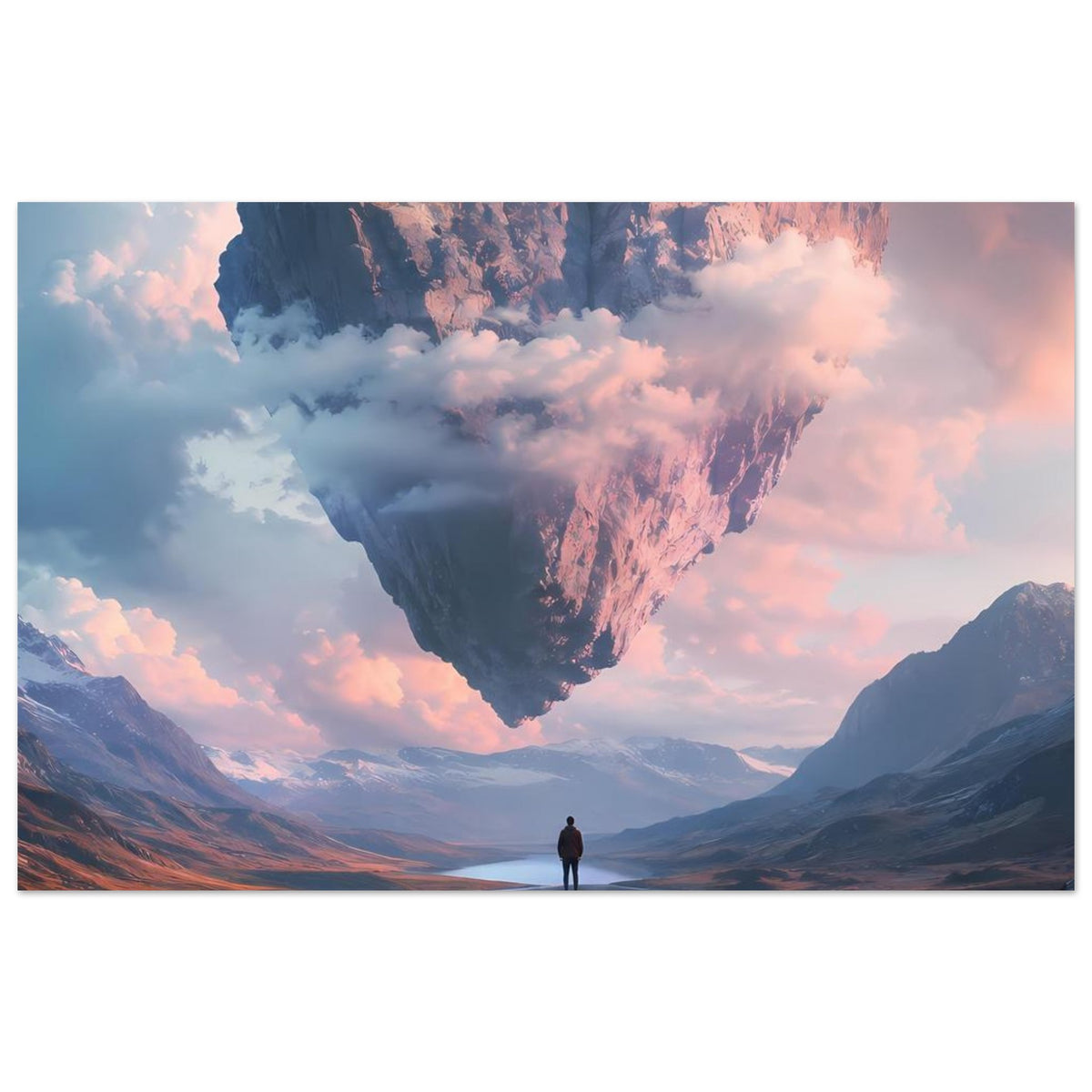 Panoramaschnitt-Poster mit schwebendem Felsherz über Bergsee und Gebirgstal