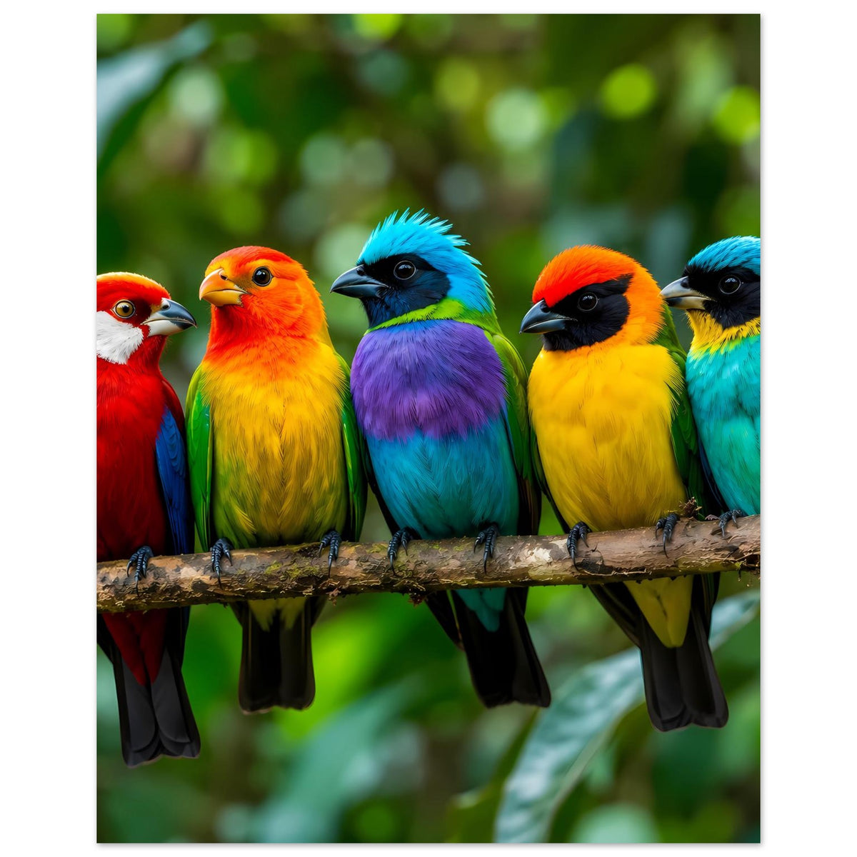 Poster mit tropischen FarbVögeln auf einem Ast, vier bis fünf Vögel in kräftigen Farben