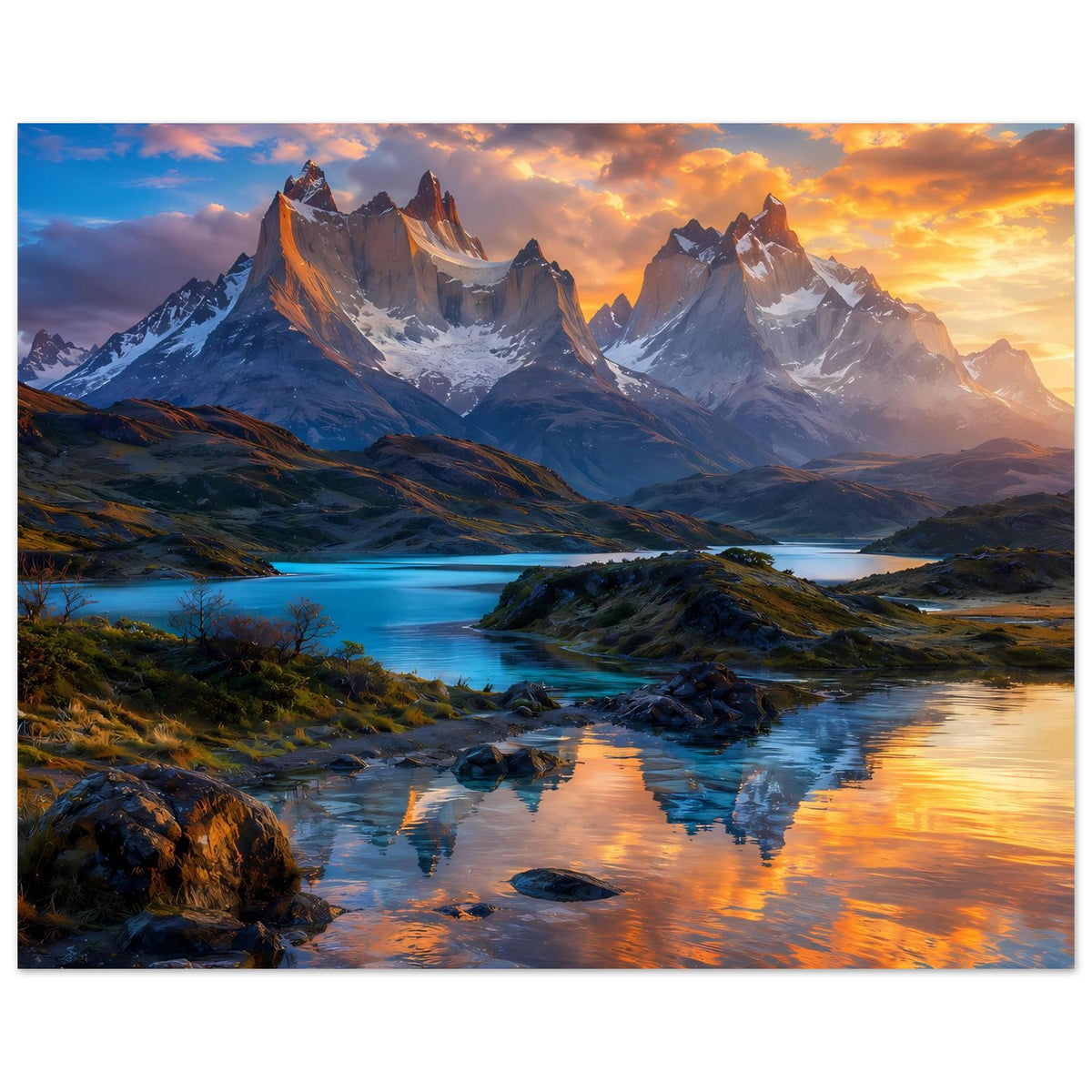 Poster im Querformat mit Bergkette bei Sonnenuntergang, Gewässer mit reflektierendem Licht