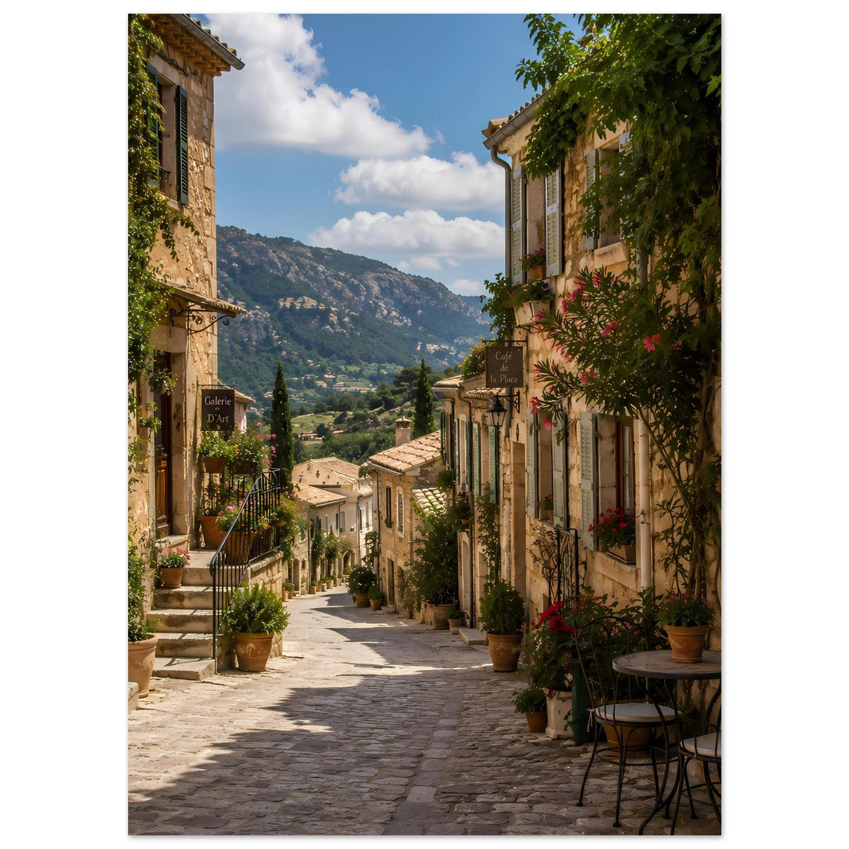 Poster: mediterrane Gasse mit Bergblick, Fensterläden und bepflanzten Kübeln