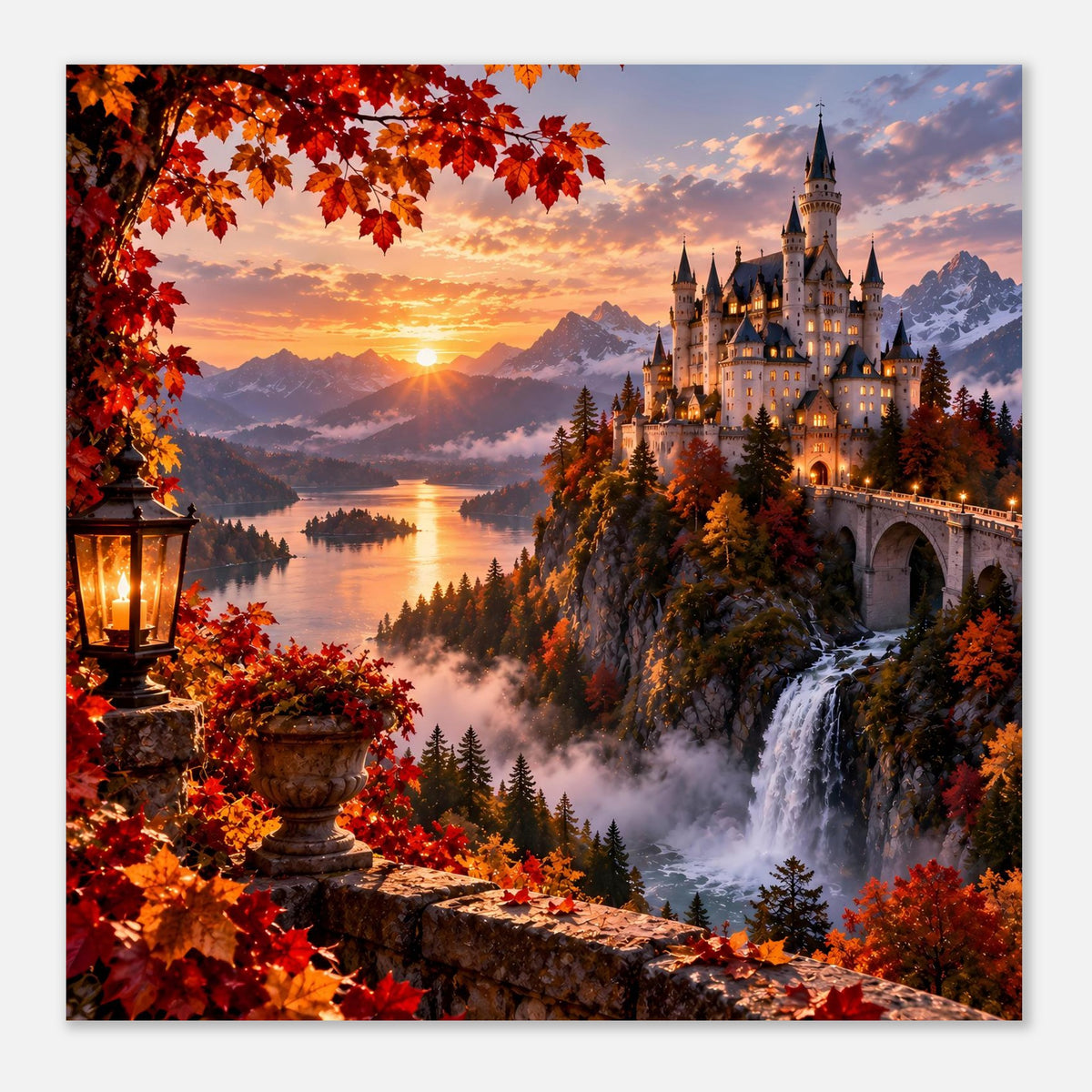Herbstliches Schloss-Poster mit Schloss, See und Wasserfall im Abendlicht