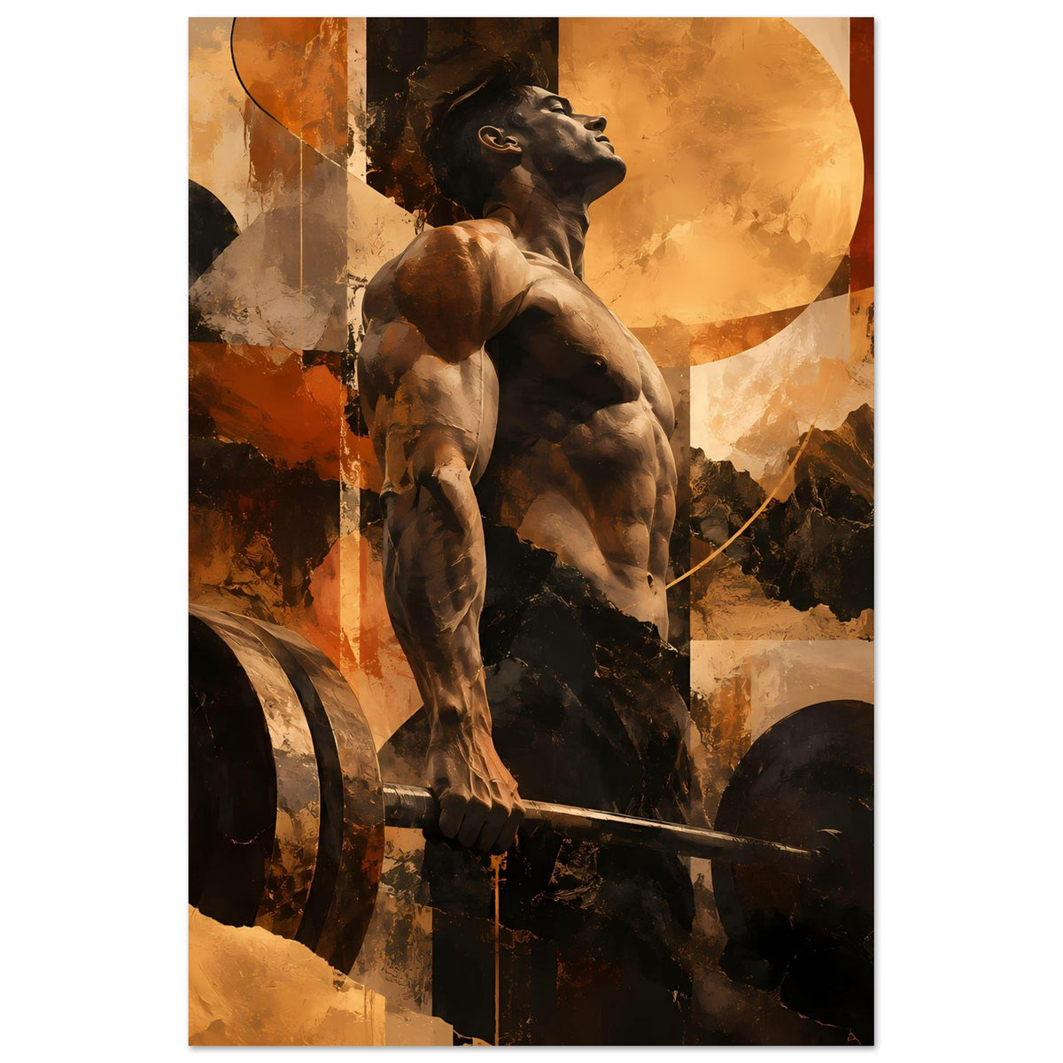 Fitness-Artposter im Hochformat: Hund über Hantelstange, große Kreisformen im Hintergrund