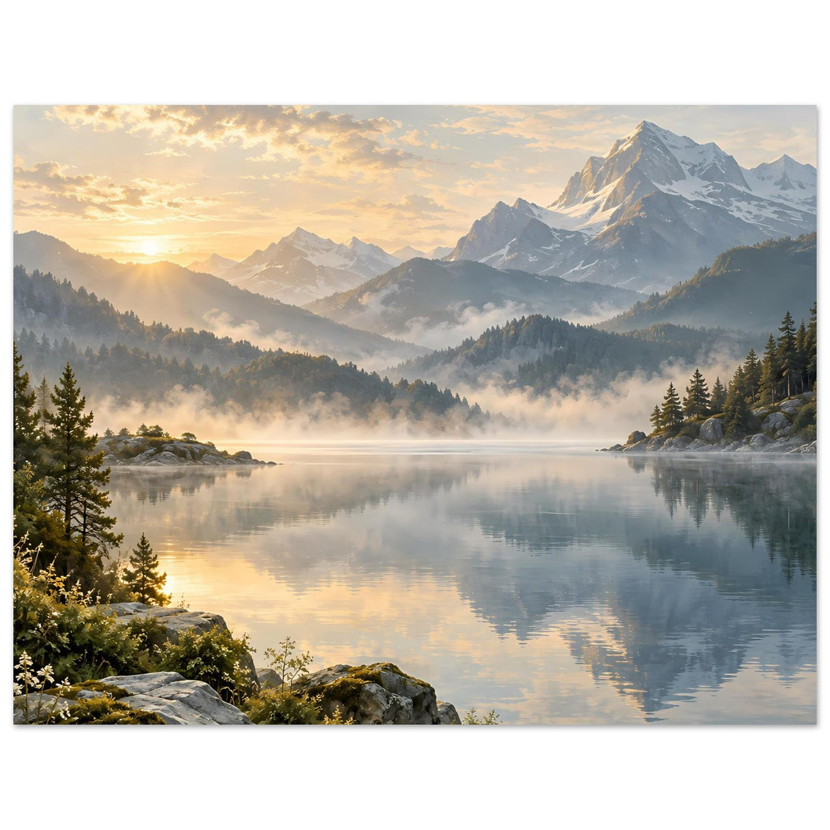 Landschaftsposter mit Bergsee im Morgennebel und goldenen Sonnenstrahlen, horizontal