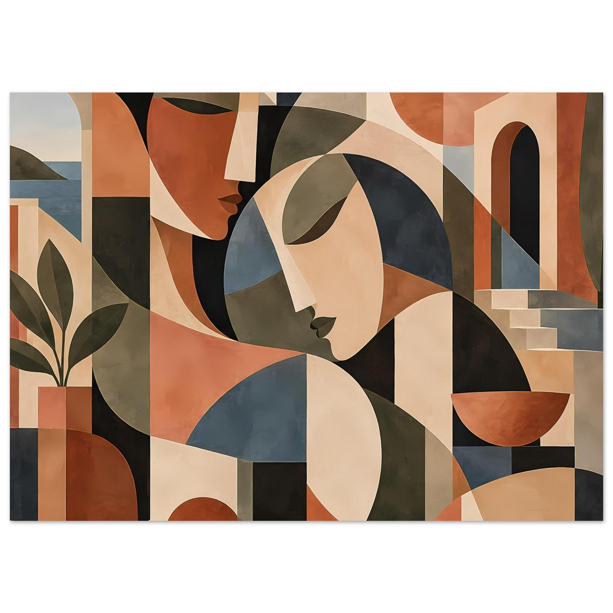 Horizontales Kunstposter mit abstrakten Gesichtern und geometrischen Flächen in Terrakotta und Blau