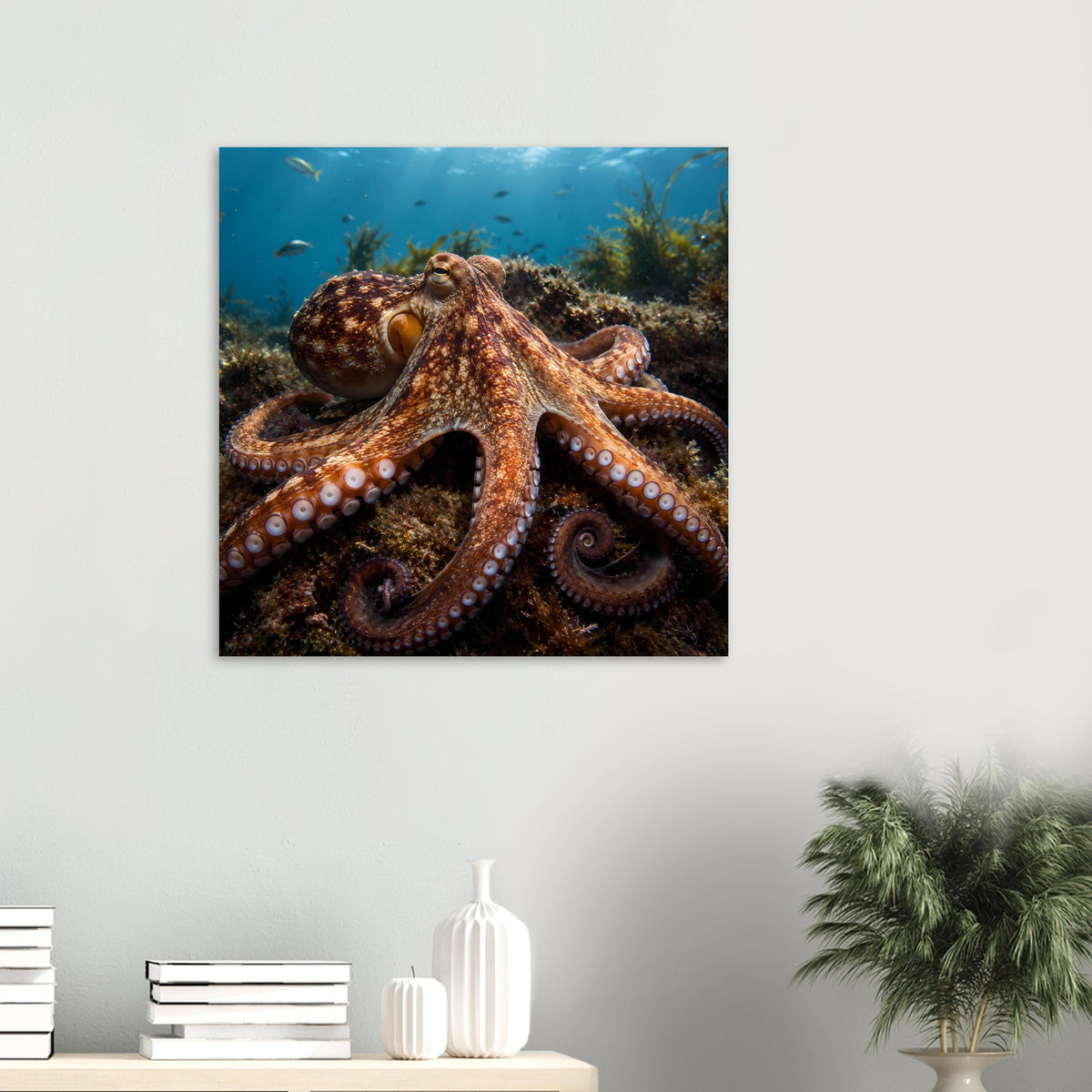 Kleines quadratisches Poster mit Oktopus im Unterwasser-Look, Fokus auf Tentakeln