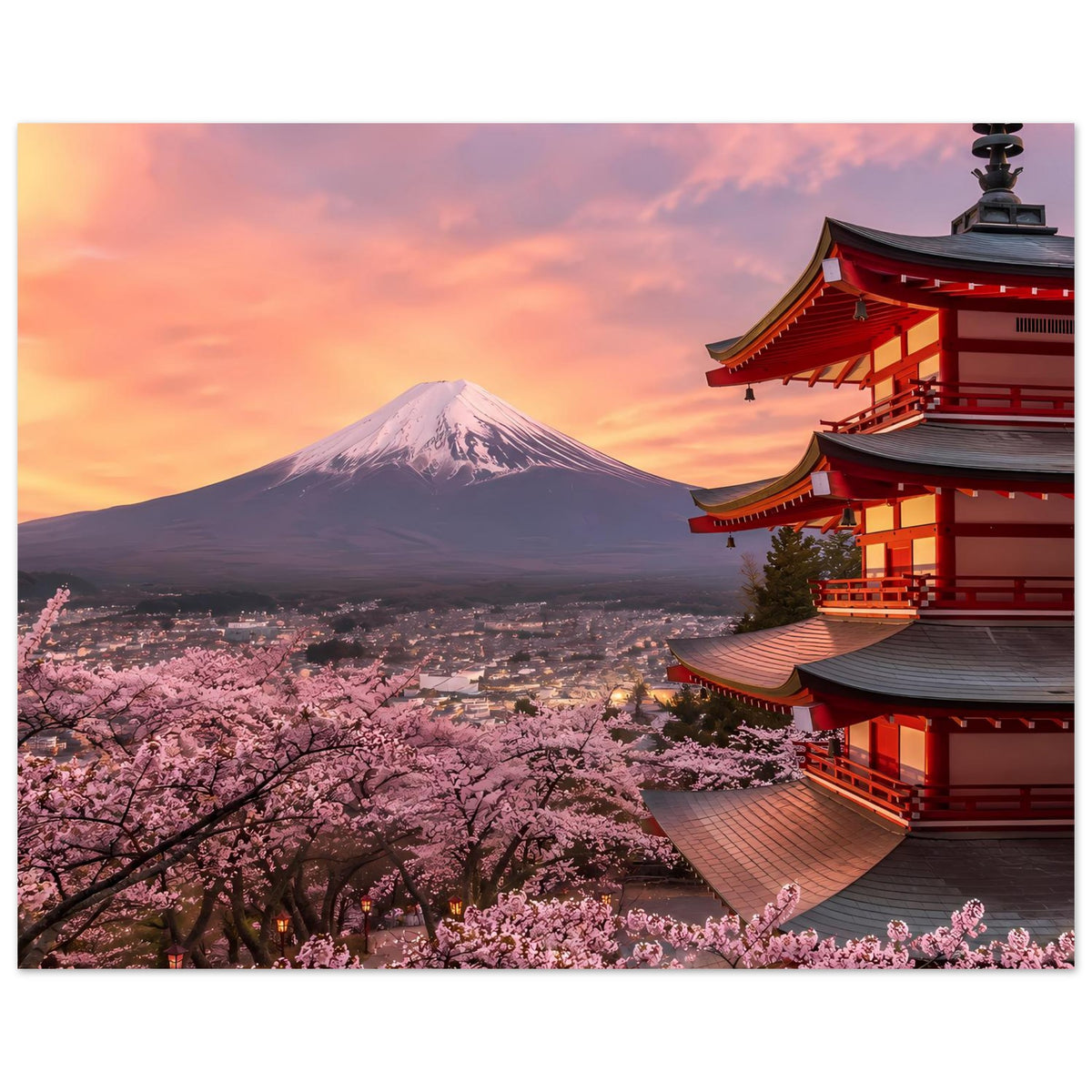 Poster mit Fuji und Kirschblüten, rote Pagode rechts, breiter Blick auf die Landschaft