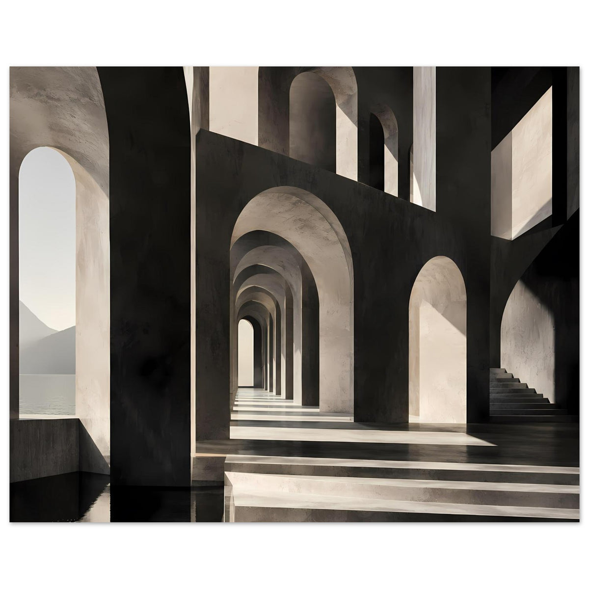 Architekturposter: dunkle Säulen und helle Bogenöffnungen, tiefe Perspektive