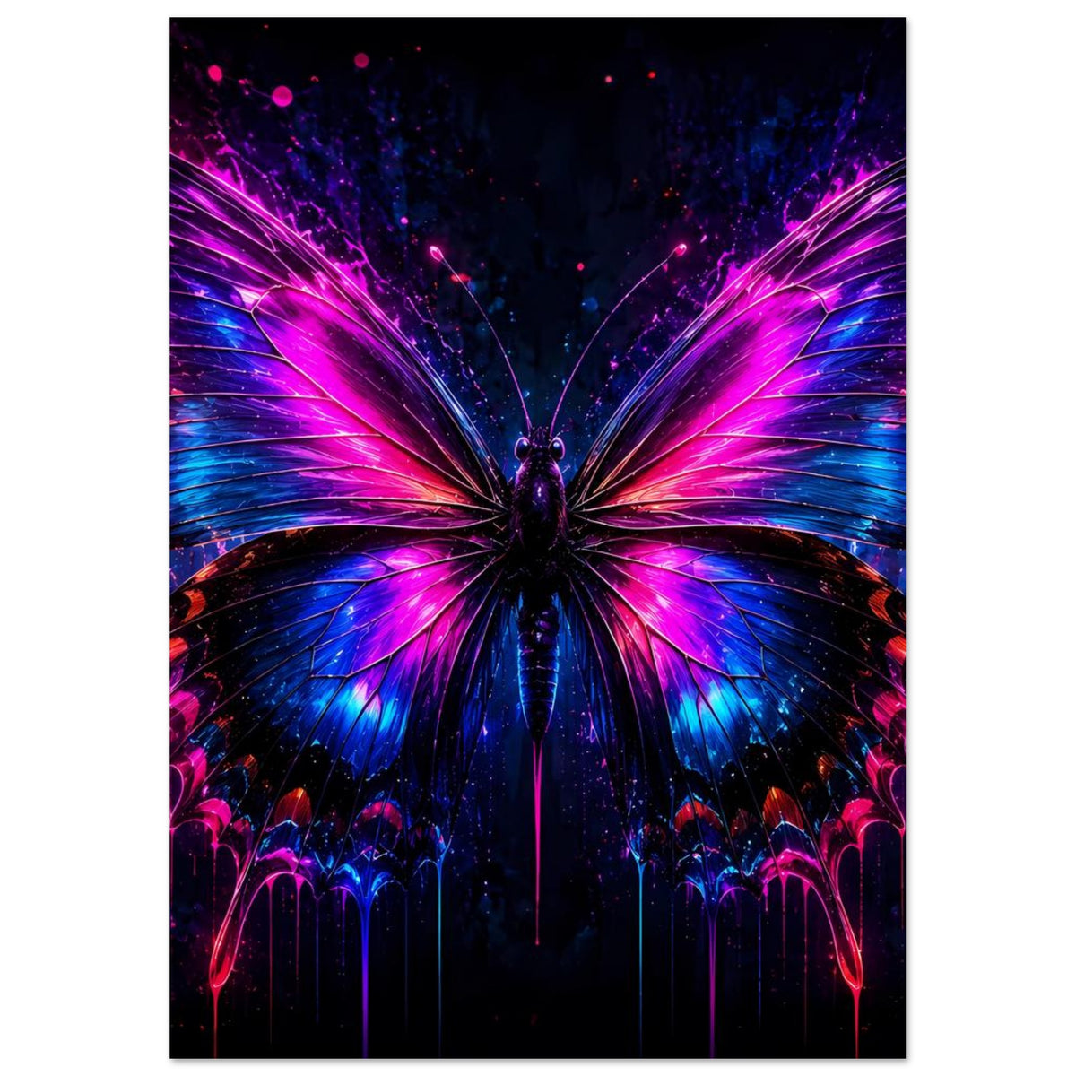 Leuchtendes Schmetterlingsposter im Hochformat mit glühenden pinken und blauen Flügelstrahlen