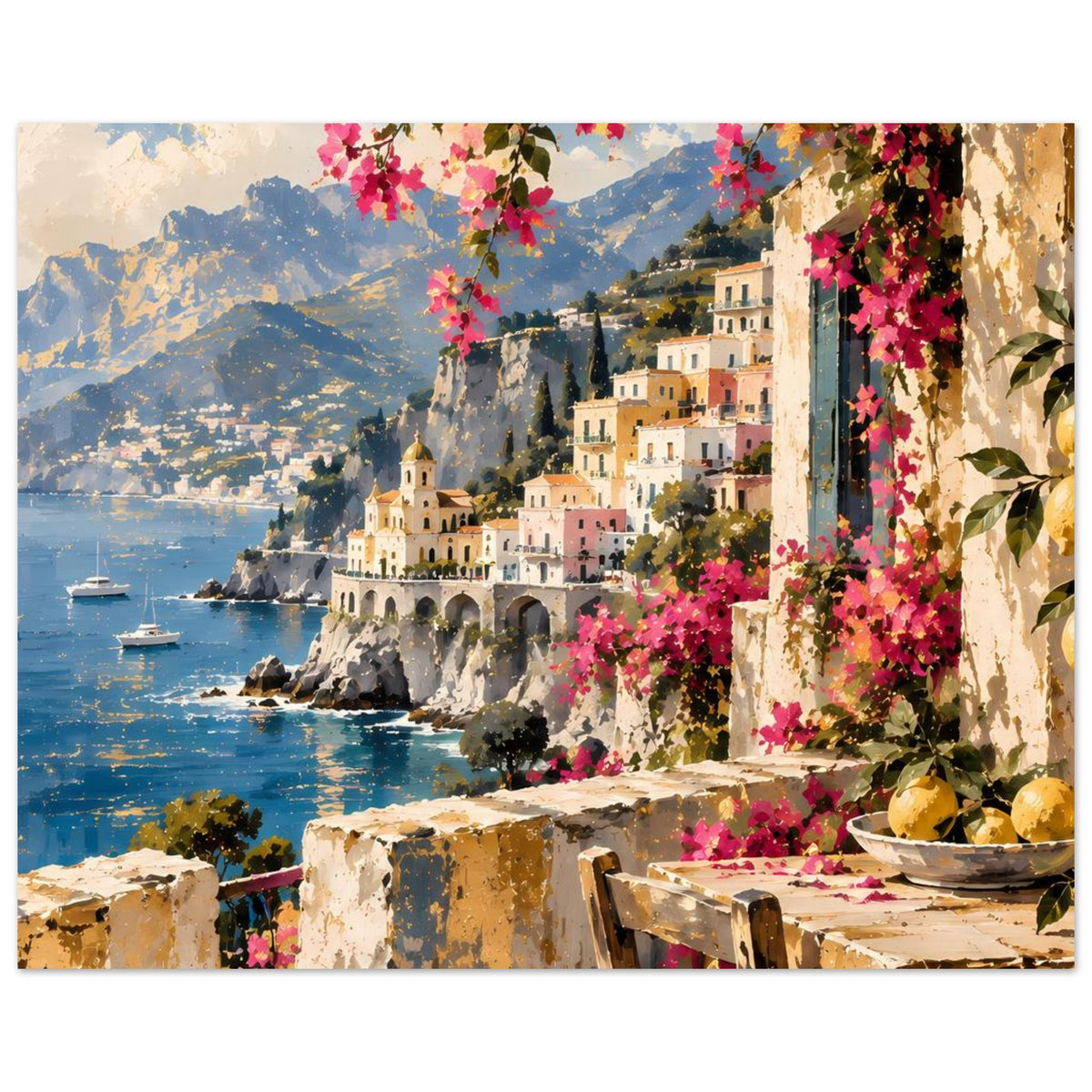 Querformat-Poster: mediterraner Küstenblick mit Häusern, blauem Wasser, Pinkblüten und Steinstufen
