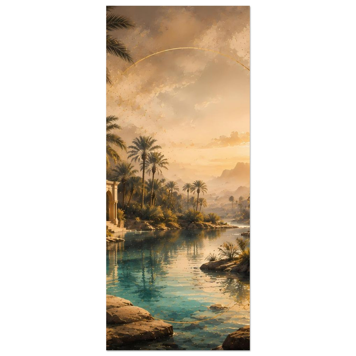 Wandposter (vertikal) mit türkisblauem Fluss, Palmenreihe und goldener Sonne am Horizont