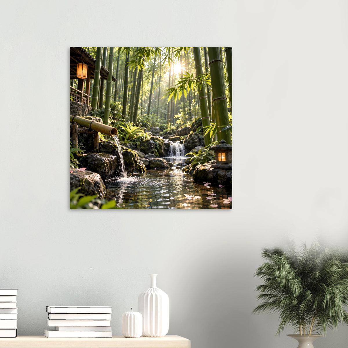 Quadratisches Wandposter mit Bambuswald-Wasserfall und Felsbrocken im Wasser