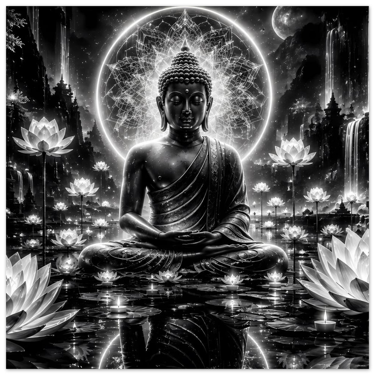 Buddha-Poster: sitzender Buddha mit leuchtendem Kreis und Lotusblüten in Schwarzweiß