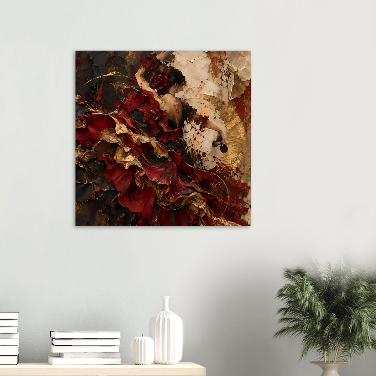 Wandkunst-Poster (klein) mit Frauenszene, roter Rose, rotem Flamenco-Gewand und Goldrand