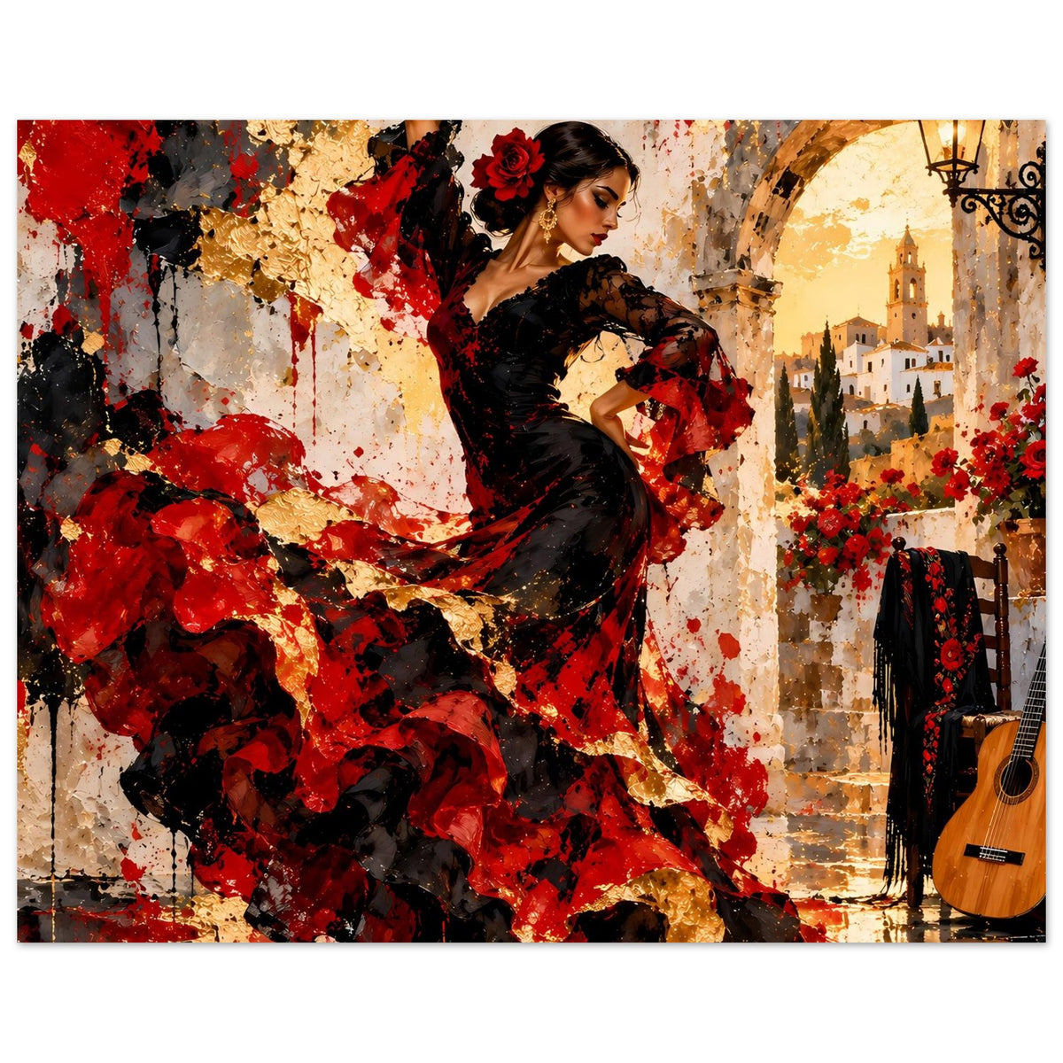 Poster mit Flamenco-Tänzerin in Rot und Schwarz; rechts Gitarre, Laterne und Blumen-Deko.