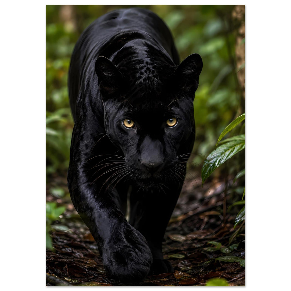 Poster mit schwarzem Panther im Wald, Kopf und Vorderbein, gelbe Augen
