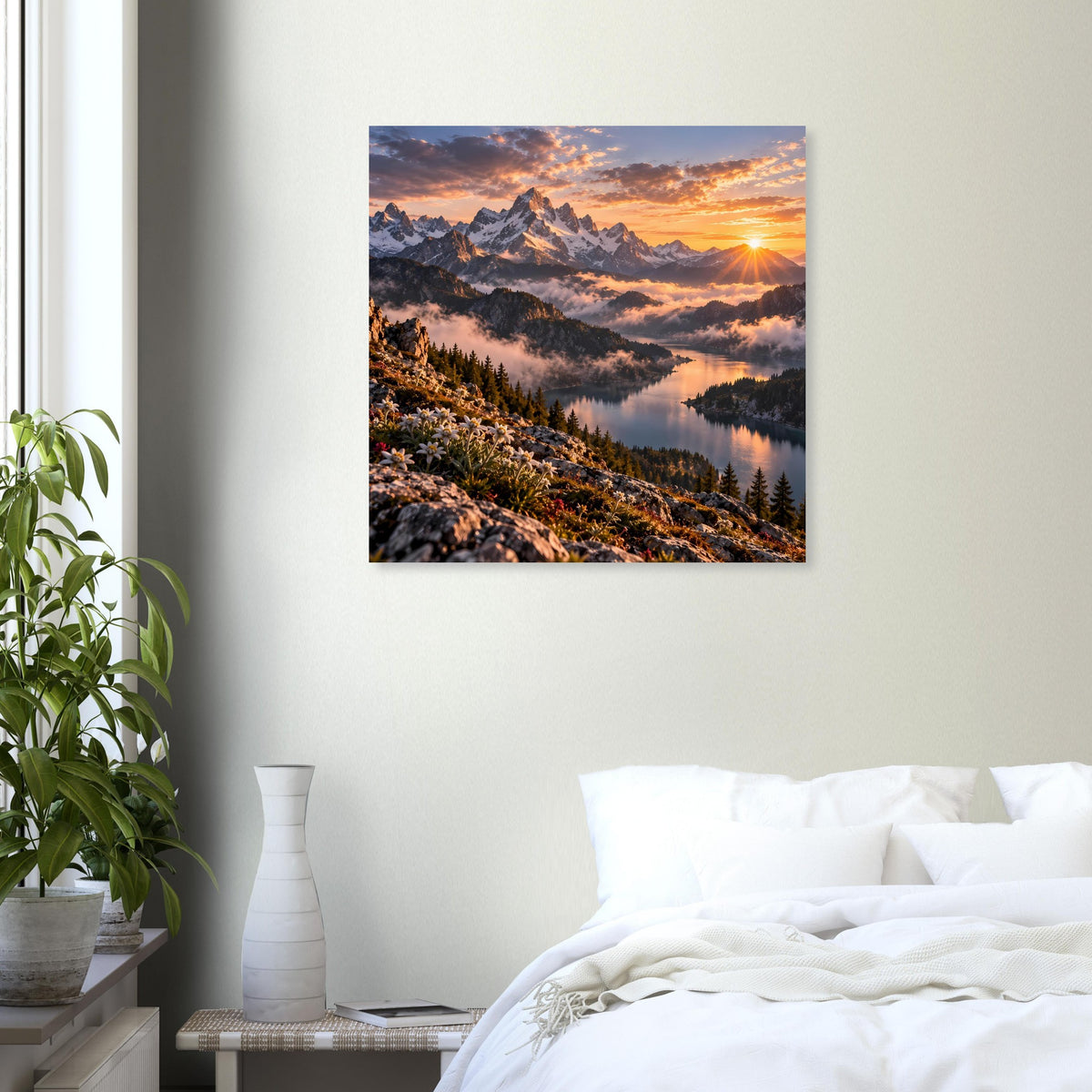 Quadratisches Poster mit Berggipfeln, goldenem Sonnenuntergang und See