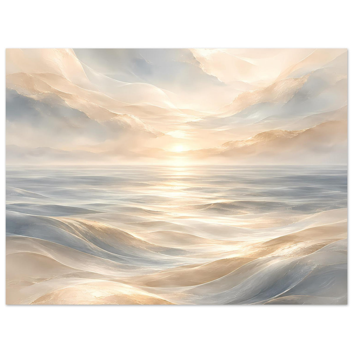 Poster mit Meereswellen und Abendsonne am Horizont, helle Pastellwolken im Hintergrund