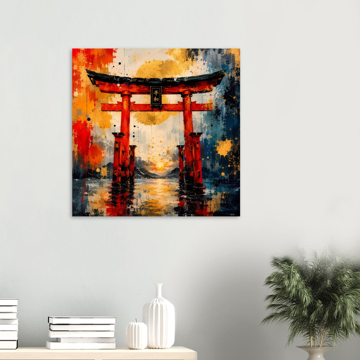 Kleines quadratisches Poster mit Torii-Tor im abstrakten Stil, rote Säulen