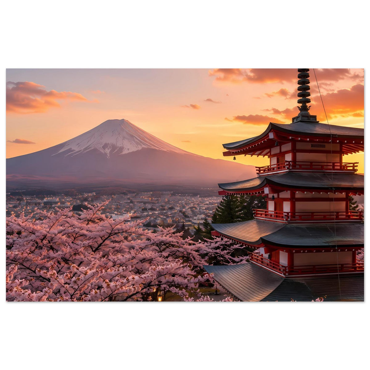 Japanisches Kunstposter mit Berg Fuji, Kirschblüten und Pagode bei Sonnenuntergang, horizontal