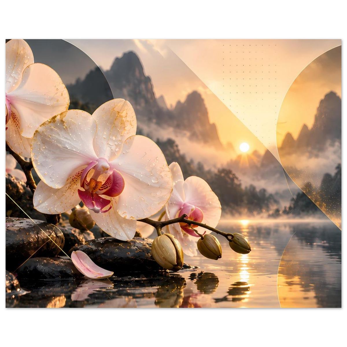 Blumenposter im Querformat: weiße Orchideen und Abendhimmel über ruhigem Wasser