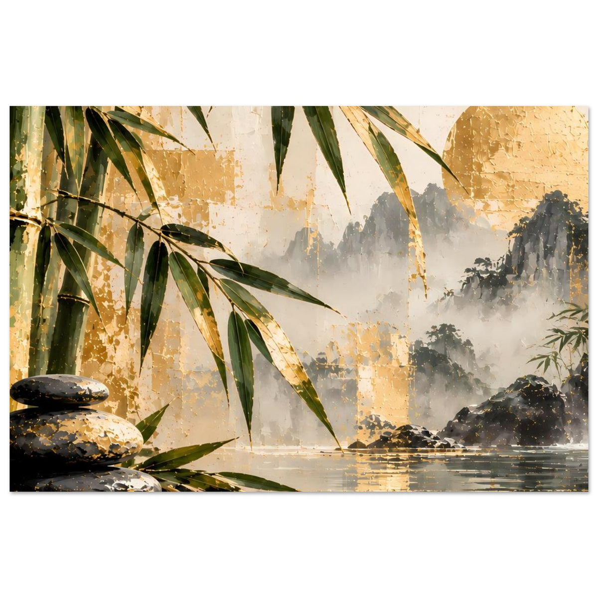 Zen-Bambus-und-Wasserfallposter mit grün-goldenen Akzenten, Bambus links und felsigem Wasserufer